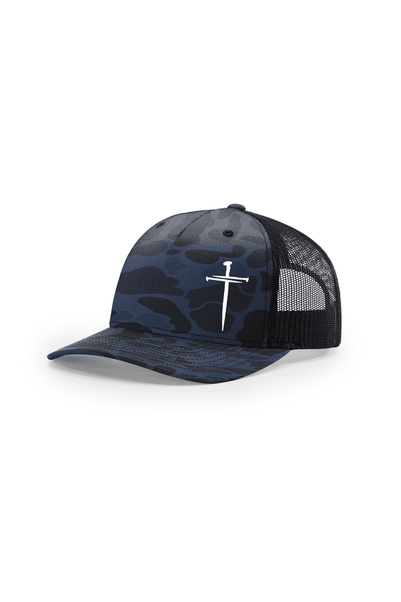 Men's Christian Faith Cross Nails Embroidered Mesh Back Trucker Hat, Admiral/Black