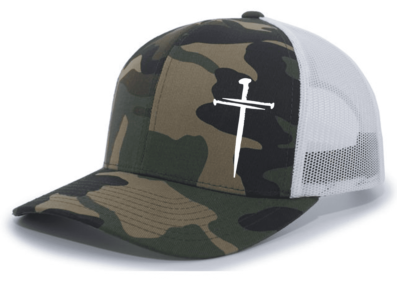 Men's Christian Faith Cross Nails Embroidered Mesh Back Trucker Hat, Army/White