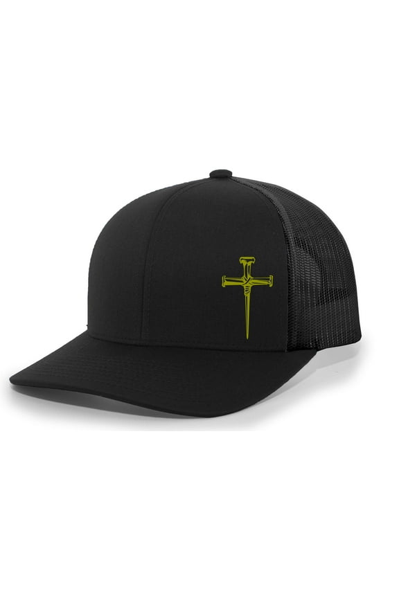 Men's Christian Faith Cross Nails Embroidered Mesh Back Trucker Hat, Black/Black, Gold Nails