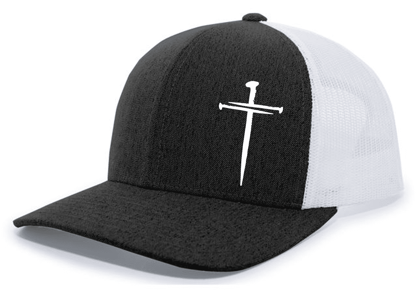 Men's Christian Faith Cross Nails Embroidered Mesh Back Trucker Hat, Black Heather/White