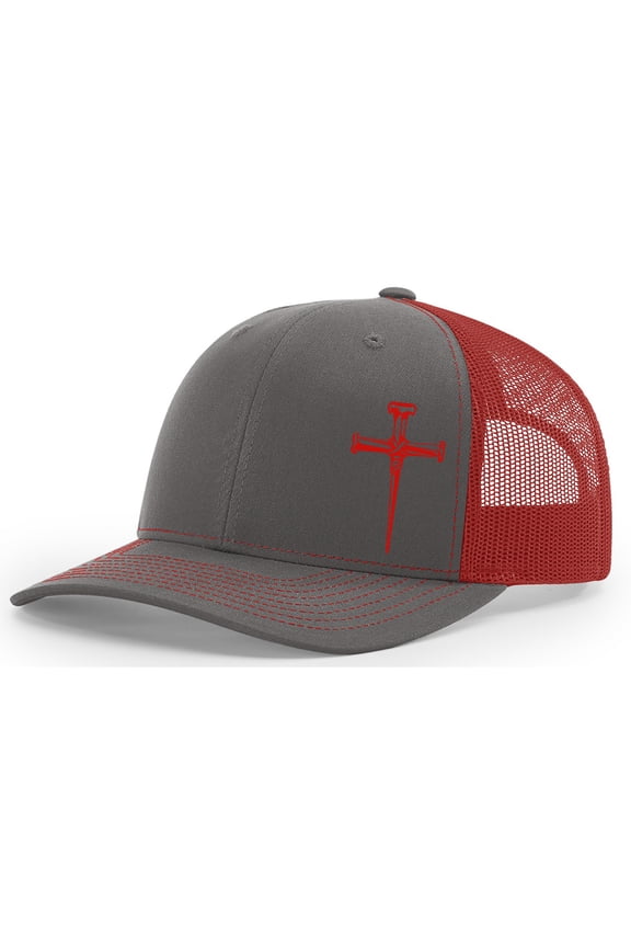 Men's Christian Faith Cross Nails Embroidered Mesh Back Trucker Hat, Graphite/Red