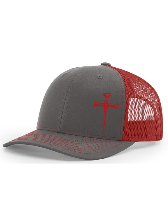 Men's Christian Faith Cross Nails Embroidered Mesh Back Trucker Hat, Graphite/Red