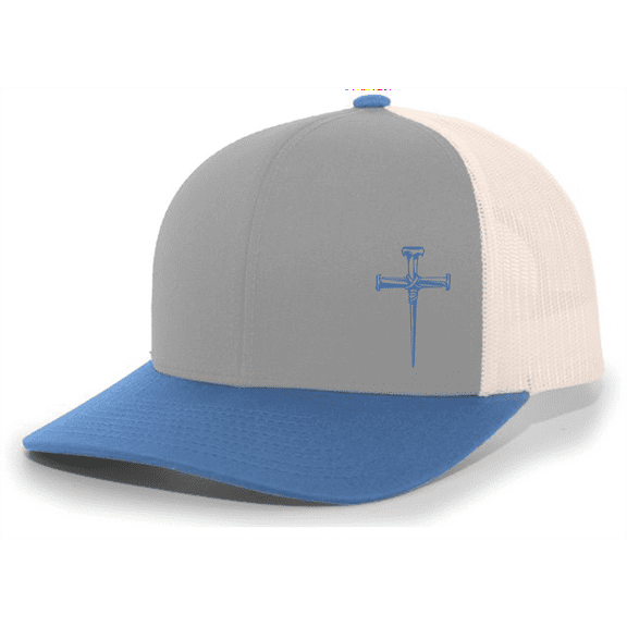 Men's Christian Faith Cross Nails Embroidered Mesh Back Trucker Hat, Heather Grey/Ocean Blue/Beige