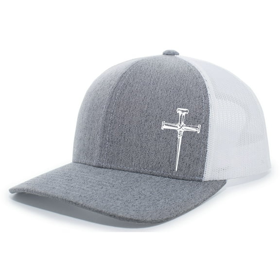 Men's Christian Faith Cross Nails Embroidered Mesh Back Trucker Hat, Heather Grey/White