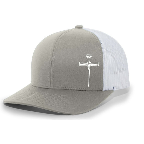 Men's Christian Faith Cross Nails Embroidered Mesh Back Trucker Hat, Silver/White