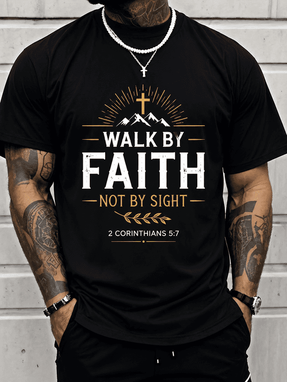 Men's Christian Faith Graphic T-Shirt, Walk By Faith Not By Sight Scripture Tee, Inspirational Religious Short Sleeve Crewneck Shirt