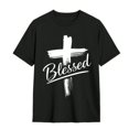 thumbnail image 1 of Men's Christian Faith T-Shirt With A Blessed Cross Print And Handwritten Lettering - Loose Fit, Crew Neck, Short Sleeve. Suitable For All Seasons, 1 of 13