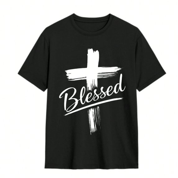 Men's Christian Faith T-Shirt With A Blessed Cross Print And Handwritten Lettering - Loose Fit, Crew Neck, Short Sleeve. Suitable For All Seasons