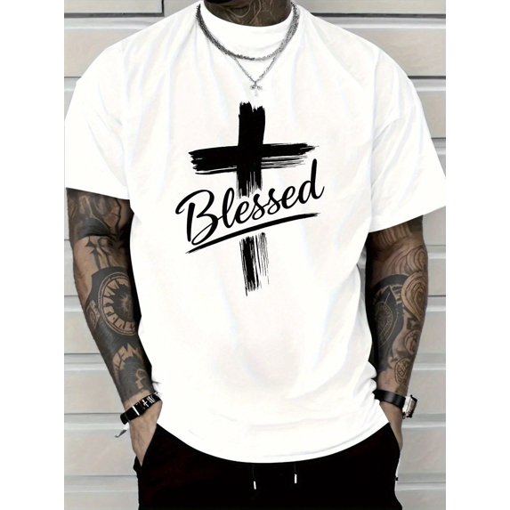 Men's Christian Faith T-Shirt With A Blessed Cross Print And Handwritten Lettering - Loose Fit, Crew Neck, Short Sleeve. Suitable For All Seasons