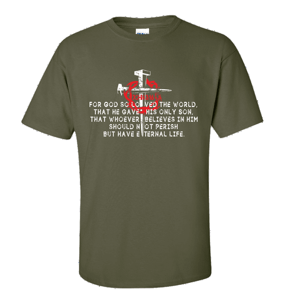 Men's Christian John 3:16 Scripture Bible Verse For God So Loved the World Jesus Short Sleeve T-shirt-Military-xl