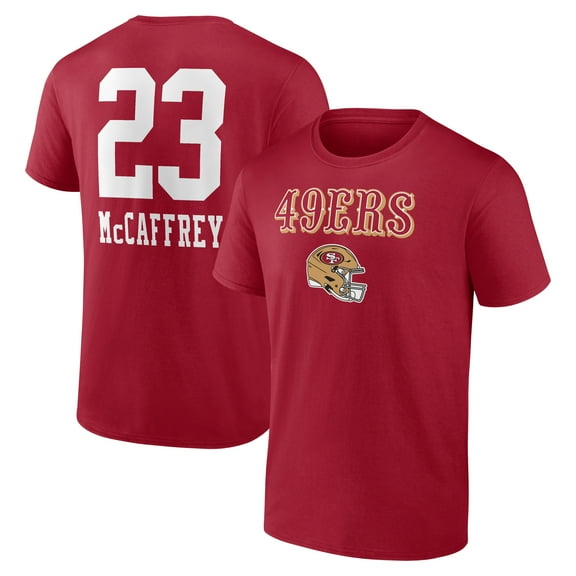 Men's Christian McCaffrey Scarlet San Francisco 49ers Team Wordmark Player Name & Number T-Shirt