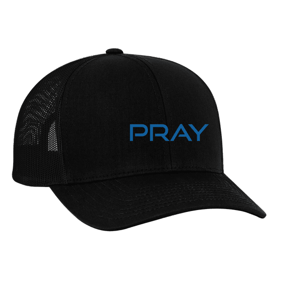 Men's Christian Prayer Embroidered Mesh Back Trucker Cap, Black with Blue Embroidery
