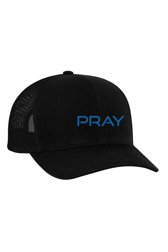 Men's Christian Prayer Embroidered Mesh Back Trucker Cap, Black with Blue Embroidery