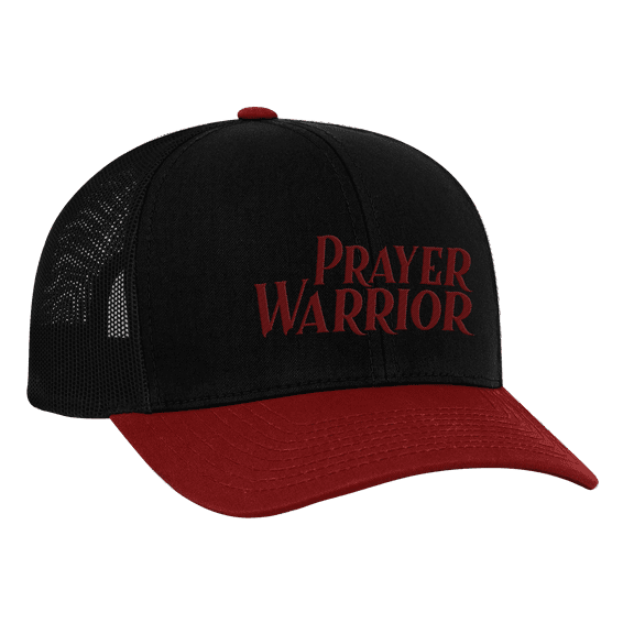 Men's Christian Prayer Warrior Embroidered Mesh Back Trucker Cap, Black/Red