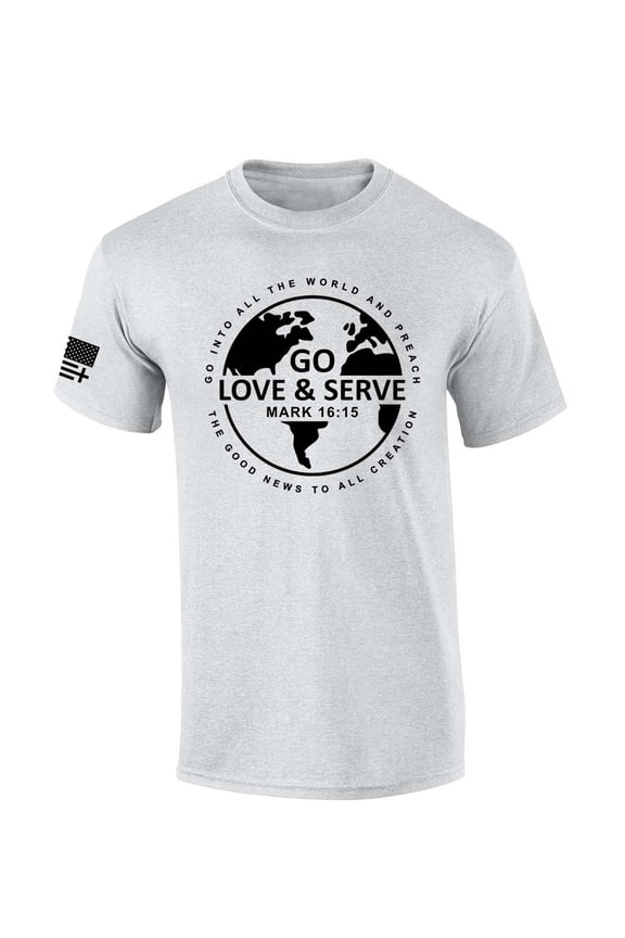 Men's Christian T-shirt Go Love And Serve Mark 16:15 Scripture Short Sleeve T-shirt-Ash Grey-medium