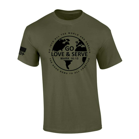 Men's Christian T-shirt Go Love And Serve Mark 16:15 Scripture Short Sleeve T-shirt-Military Green-6xl
