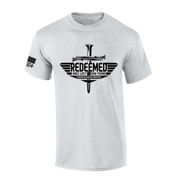 Men's Christian T-shirt Redeemed Once Lost Now Found Chosen Blessed Forgiven Short Sleeve T-shirt-Ash Grey-xxl