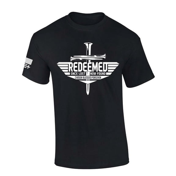 Men's Christian T-shirt Redeemed Once Lost Now Found Chosen Blessed Forgiven Short Sleeve T-shirt-Black-small