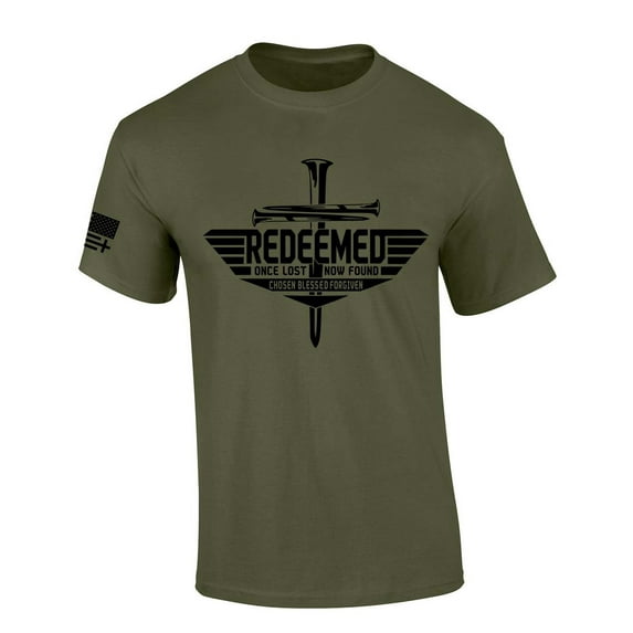 Men's Christian T-shirt Redeemed Once Lost Now Found Chosen Blessed Forgiven Short Sleeve T-shirt-Military Green-xl