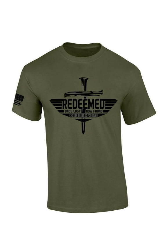 Men's Christian T-shirt Redeemed Once Lost Now Found Chosen Blessed Forgiven Short Sleeve T-shirt-Military Green-xl