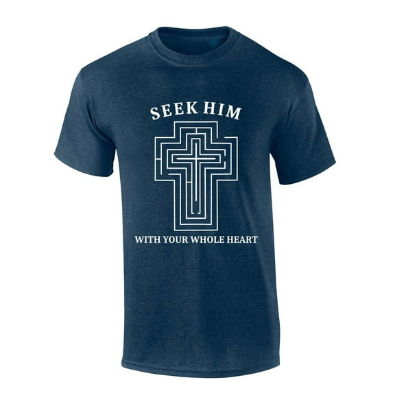Men's Christian T-shirt Seek Him With Your Whole Heart Short Sleeve T-shirt-Heather Navy-large