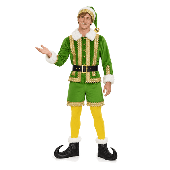 Men's Christmas 6 Pcs Elf Costume Set, Green Holiday Elf Outfit with Jacket, Shorts, Hat, Belt, Leggings & Shoe Covers for Christmas Party