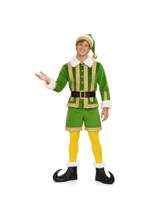 Men's Christmas 6 Pcs Elf Costume Set, Green Holiday Elf Outfit with Jacket, Shorts, Hat, Belt, Leggings & Shoe Covers for Christmas Party