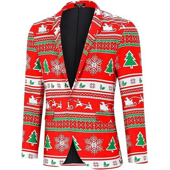 Men's Christmas Blazer Jacket Xmas Funny Ugly Casual One Button Holiday Suit, Christmas Red, XL