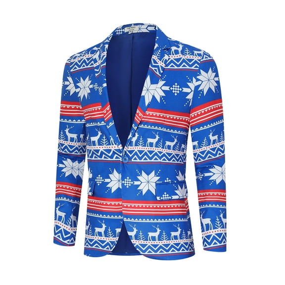 Men's Christmas Blazer Jacket Xmas Funny Ugly Casual One Button Holiday Suit, Snowflake Blue, S