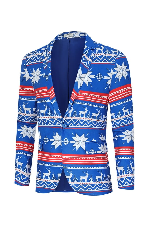 Men's Christmas Blazer Jacket Xmas Funny Ugly Casual One Button Holiday Suit, Snowflake Blue, S