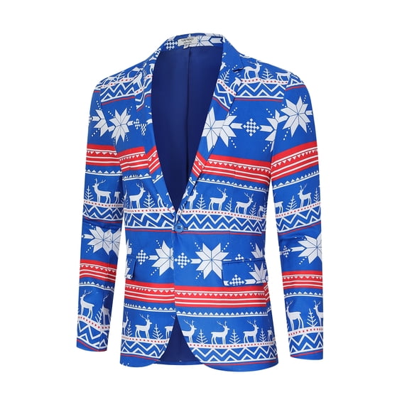 Men's Christmas Blazer Jacket Xmas Funny Ugly Casual One Button Holiday Suit, Snowflake Blue, XL