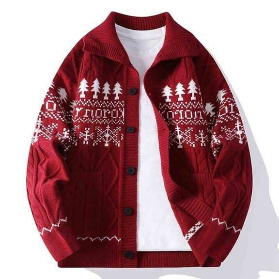 Men's Christmas Cardigan Knitted Long Sleeve Button Xmas Graphic Holiday Top Casual Loose Sweater Coat (XL, Red)