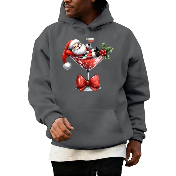Men's Christmas Cartoon Chest Print Hooded Sweatshirt - Holiday Themed Pullover with Cartoon Design on Chest for Fun and Comfortable Fashion,Dark Gray,M
