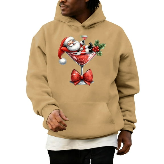 Men's Christmas Cartoon Chest Print Hooded Sweatshirt - Holiday Themed Pullover with Cartoon Design on Chest for Fun and Comfortable Fashion,Camel,M