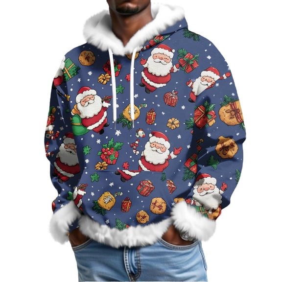 Men's Christmas Cartoon Print Fleece Lined Hoodie with Faux Trim and Kangaroo Pocket | Plus Size Loose Fit Holiday Pullover for Party and Casual Wear,Light Purple,M