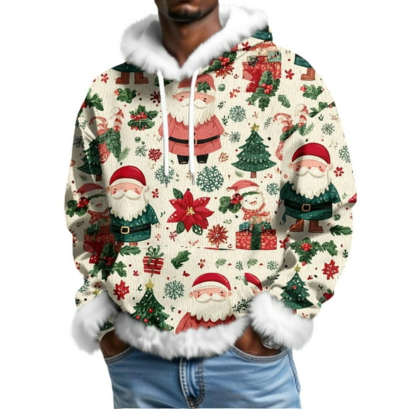 Men's Christmas Cartoon Print Fleece Lined Hoodie with Faux Trim and Kangaroo Pocket | Plus Size Loose Fit Holiday Pullover for Party and Casual Wear,Wine,M