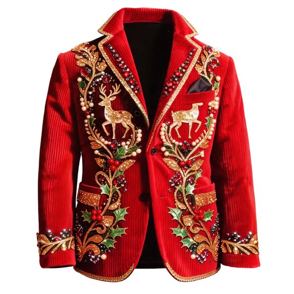 Men's Christmas Corduroy Blazer Ugly Xmas Print Vintage Slim Fit Single Breasted Sport Coat Lightweight Fall Holiday Party Suit Jacket with Pocket Wine M