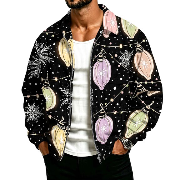 Men's Christmas Corduroy Zip Up Bomber Jacket Mock Neck Long Sleeve Jackets Xmas Funny Print Classic Overshirts with Pockets Warm Clothing