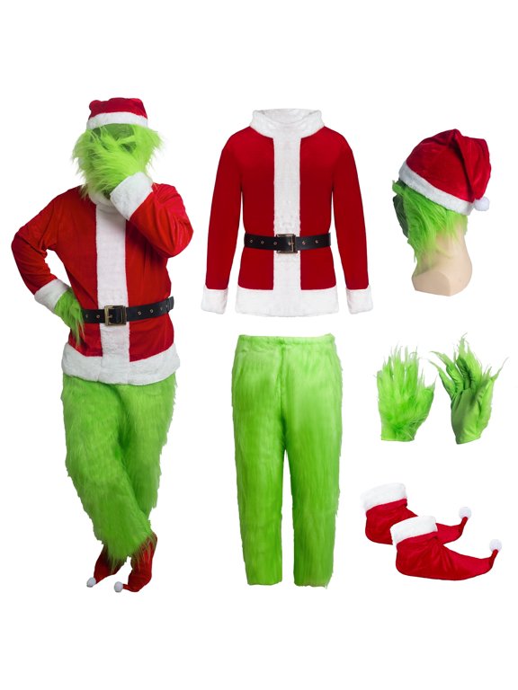 Men's Christmas Costume Set with Plush Jacket Pants Mask Hat Gloves Belt Socks for Holiday Party