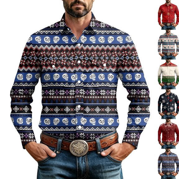 Men's Christmas Cowboy Retro Tee Snowflake Printed Pearl Snap Tees Regular Fit Lightweight Tops for Xmas Gathering Holiday White XL