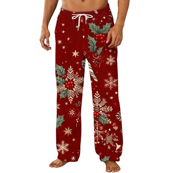 Men's Christmas Flannel Pajama Pants - Funny Holiday Print Loose Lounge Bottoms, Soft Elastic Waist Comfy PJ Trousers with Pockets for Winter