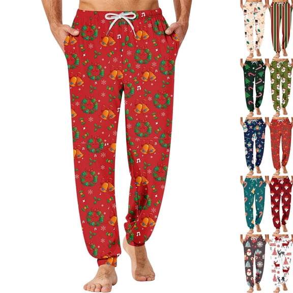 Men's Christmas Graphic Print Lounge Pants Classic Fit Drawstring Elastic Waist Retro Bottoms Skin-Friendly Classic Pajamas for Xmas Holiday Gift Celebration