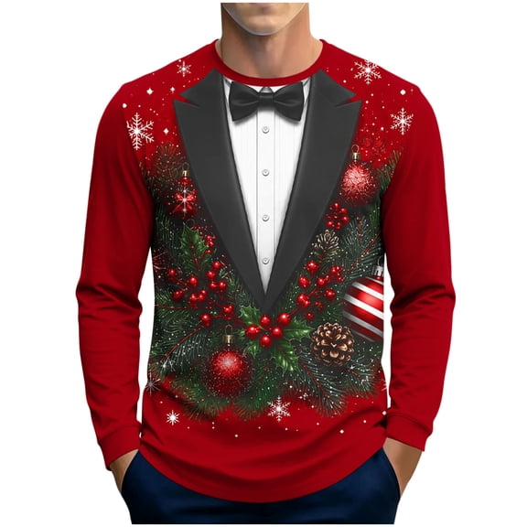 Men's Christmas Graphic T Shirt Long Sleeve Tuxedo Print Crew Neck Funny Holiday Party Tee with Bow Tie