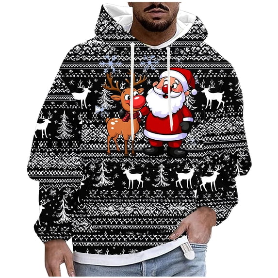 Men's Christmas Hooded Sweatshirt Retro Xmas Reindeer Snowflake Long Sleeve Pullover Jacket