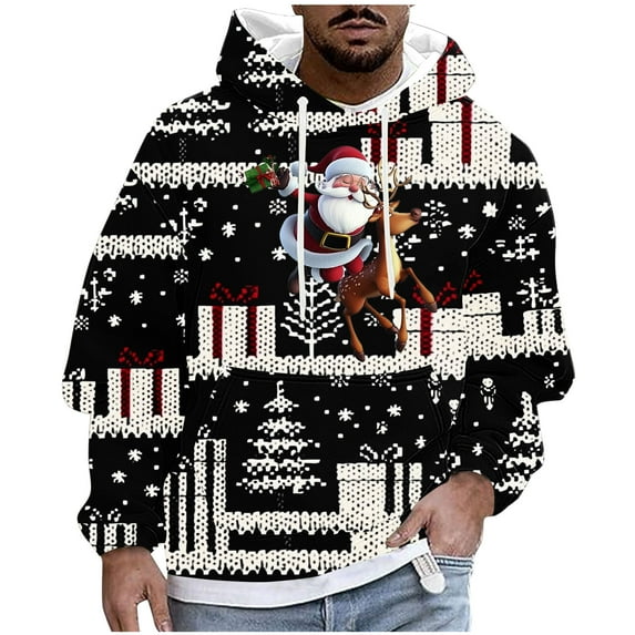 Men's Christmas Hooded Sweatshirt Retro Xmas Reindeer Snowflake Long Sleeve Pullover Jacket