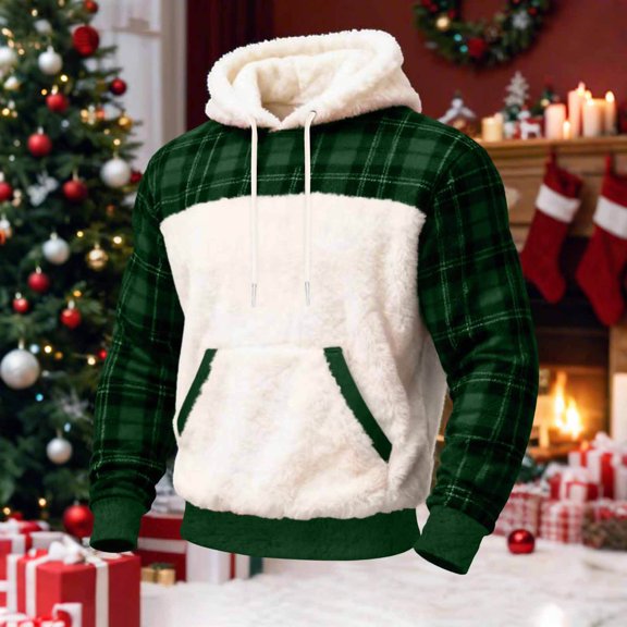 Men's Christmas Hoodie Plaid Print Color Block Fleece Tops Cozy Long Sleeve Hooded Sweatshirt Olive Green S