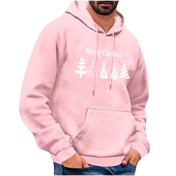Men's Christmas Hoodie with Santa Claus and Tree Graphic Long Sleeve Drawstring Pullover Sweatshirt with Pockets Festive Holiday Hooded Top