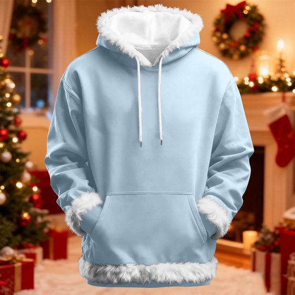 Men's Christmas Hoodies Casual Fashion Patchwork Fuzzy Collar with Pockets Pullover Long Sleeve Hooded Sweatshirt Tops Light Blue S