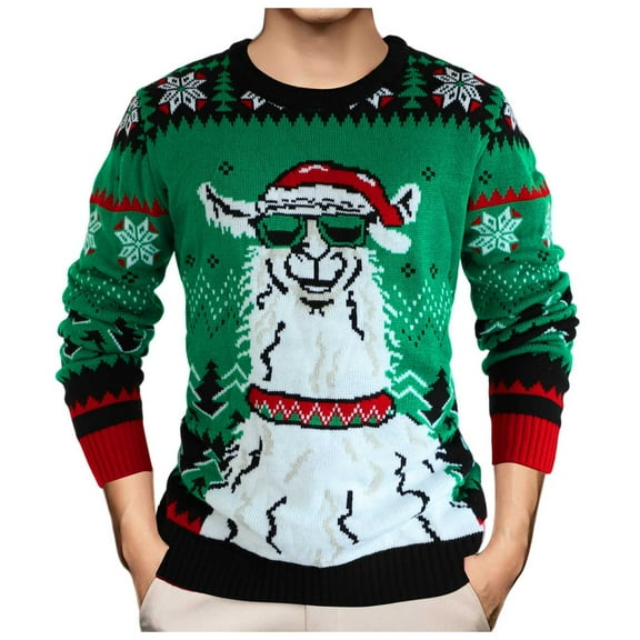 Men's Christmas Jacquard Sweater Coat Warm Knit Pullover Round Neck Unisex Winter Fall Fashion Top