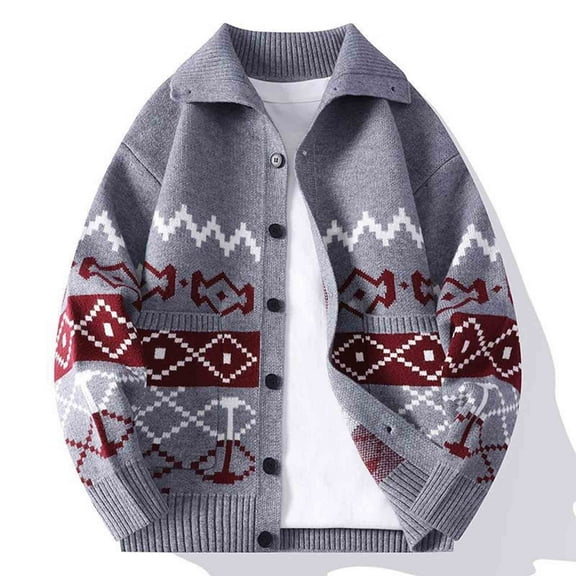 Men's Christmas Jacquard Sweaters Casual Slouchy Sweater Long Sleeve Collared Cardigan Sweater Button Sweater with Pockets Gray-1 L